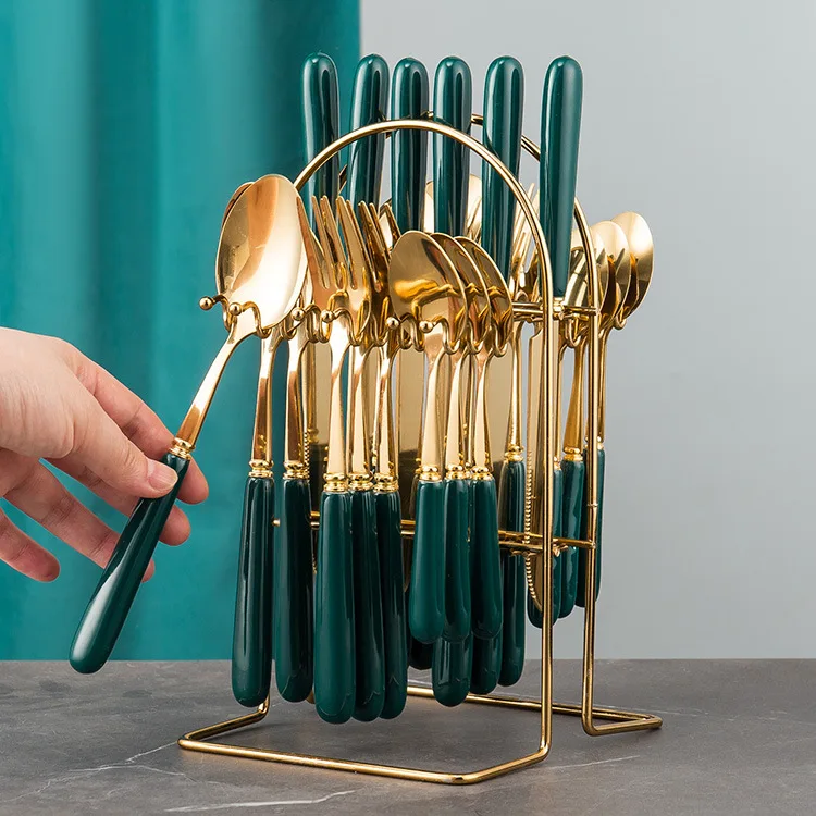 High quality 24 pcs gift gold flatware set ceramic handle stainless steel cutlery with holder