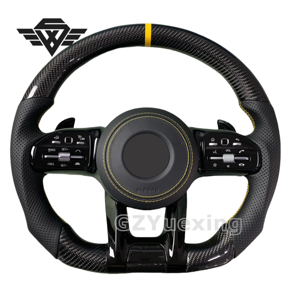 For Mercedes Benz AMG Steering Wheel C CLASS 809 W204 C63 W212 W218 W207 W172 Yellow Stitching Carbon Fiber Steering Wheel ACC