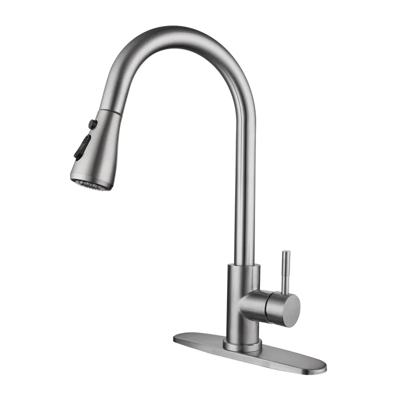 
single handle 304 stainless steel pull out kitchen faucet with deck plate 