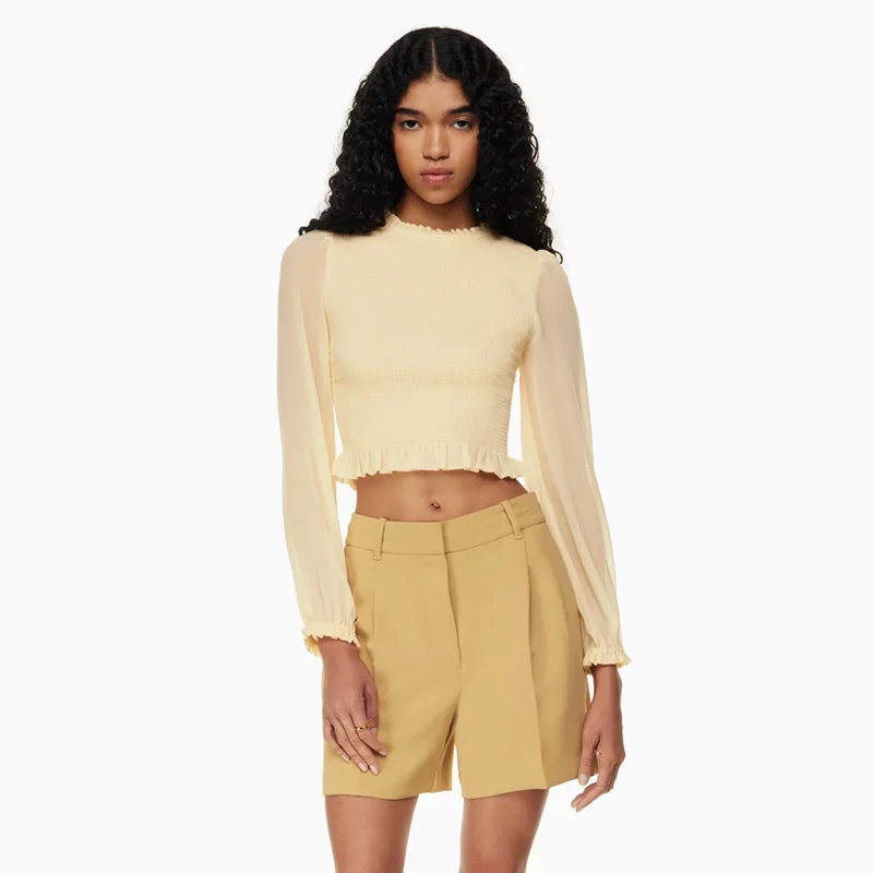 Customized Casual Ladies O Neck Long Sleeves Yellow Shirred Crop Chiffon Sheer Tops Shirt Blouse For Women