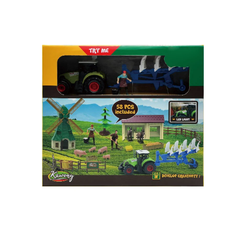 58pcs Children theme play set plastic pig model farm diy toy with farmer and slidng harvester tractor