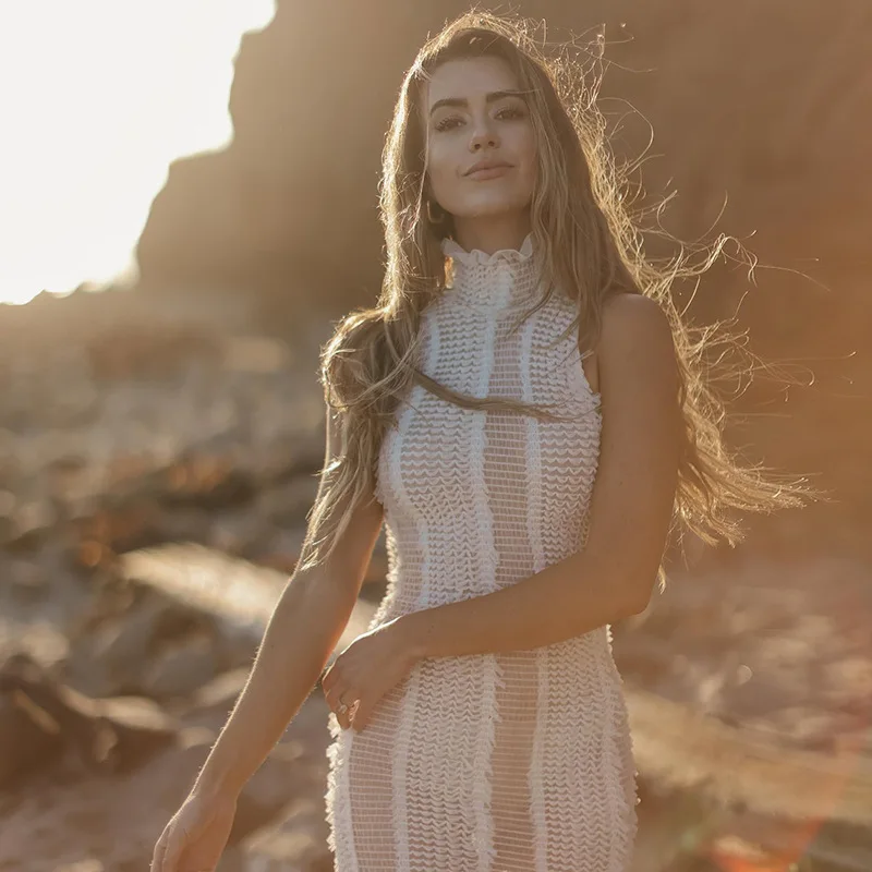 D5054 Ins & Tiktok Hot Sales Custom High Neck See-Through White Bodycon Cut Out Dress Women Summer Dresses