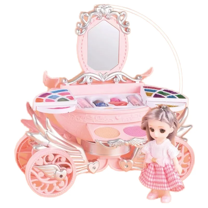 Fashion Cosmetics Kit Children Pretend Play Toy Horse drawn carriage Dressing Table Mirrored Kids Make Up Toy Set for Girl