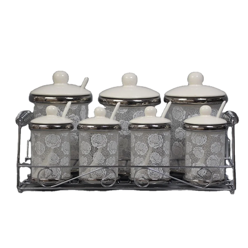 Plating Silver White Decal S/7  Glass jar with Metal Stand  Storage bottle Food Safe  with  Silicone Ring