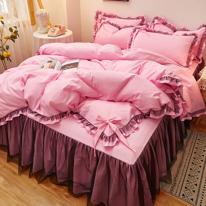 Lace four-piece bed set skirt Purple bed cover Korean bow Princess Wind fairy duffel cover.