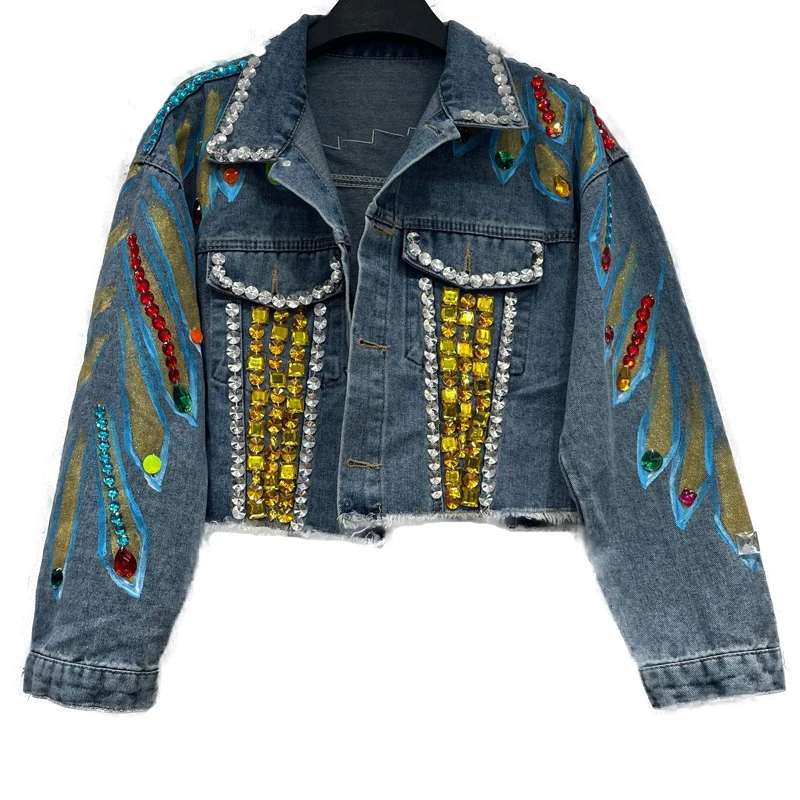 Spring style women denim jacket short pattern fashion jackets with crystals pearl beading denim coat