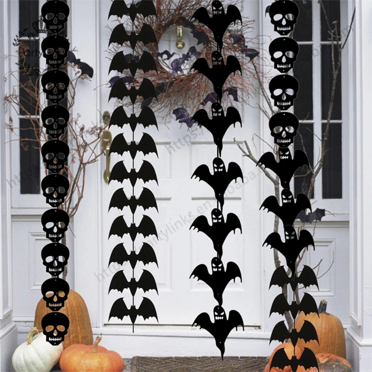 1 Set Halloween Black Bat Skull Ghost Felt Hanging String Ornament For Wall Door Home Decor Halloween Party Decoration Garland