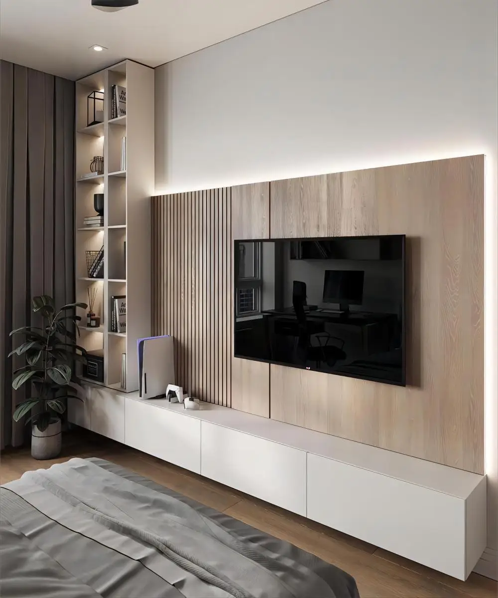 KEJIA Simple Modern Design TV Stand Built-in Light Strip Unit Wall Mounted Wooden Living Room TV Cabinets
