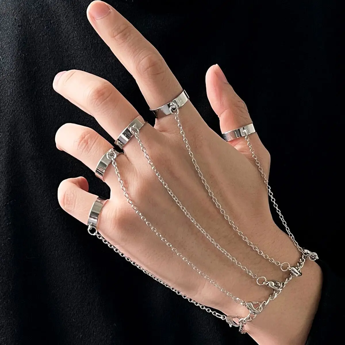 10K White Gold Integrated Chain Ring Bracelet for Men and Women - Hip-Hop Punk Style Clubbing Ring with Retro Design