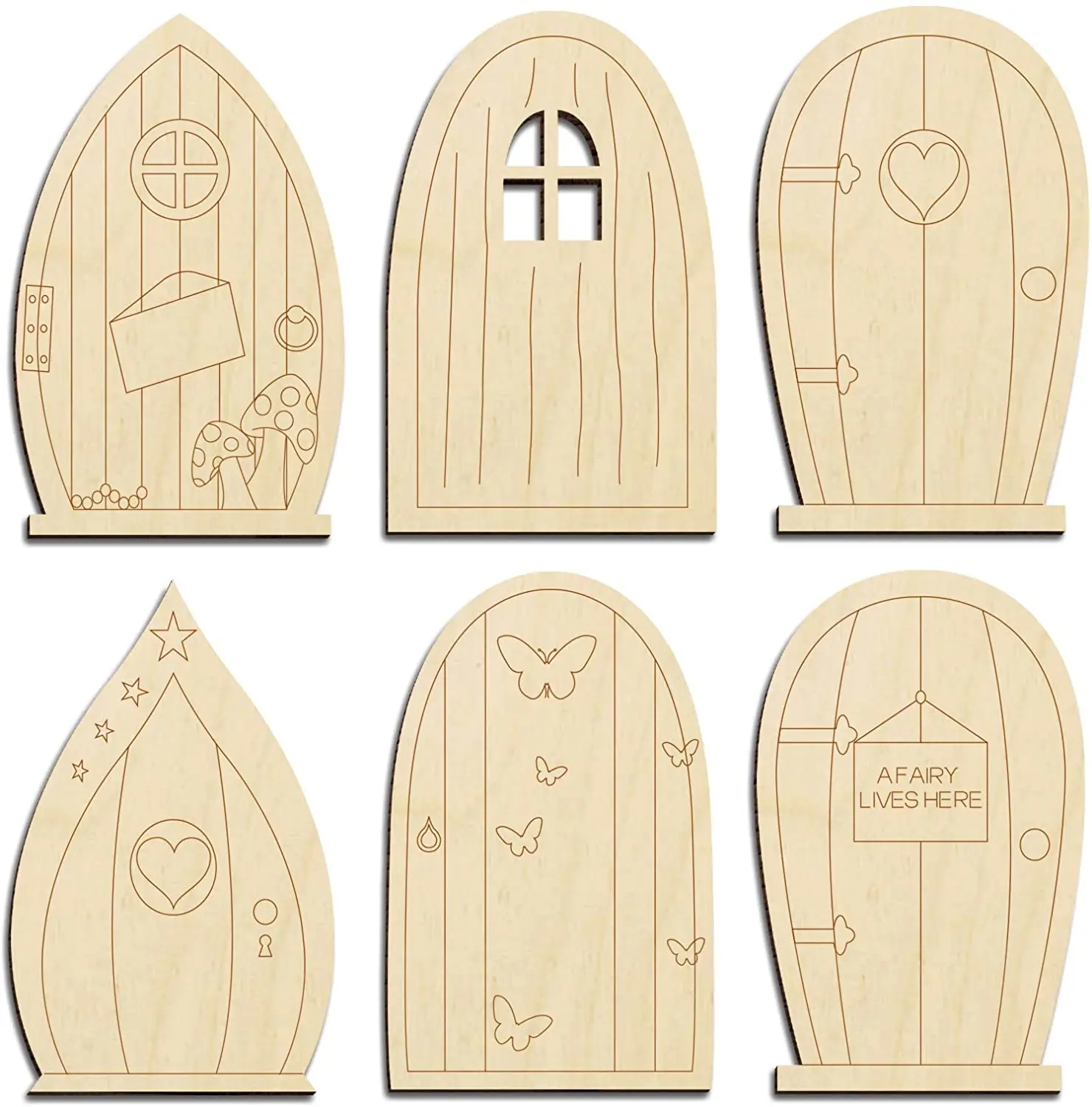 6 Designs Wooden DIY Craft Kit Blank Unfinished Miniature Fairy Garden Door