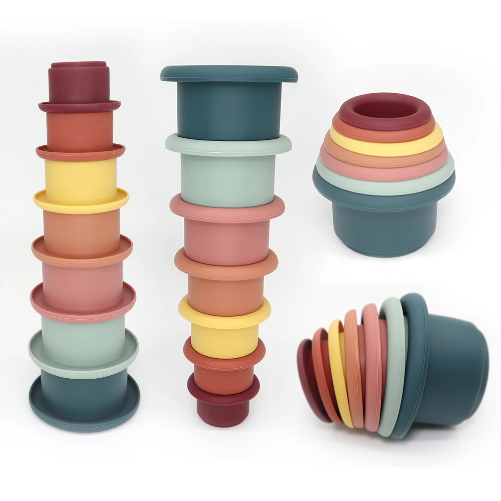 Manufacturer Educational Montessori Toddler Stacker Building Blocks Kids Bath Toy Stacking Cup Silicone