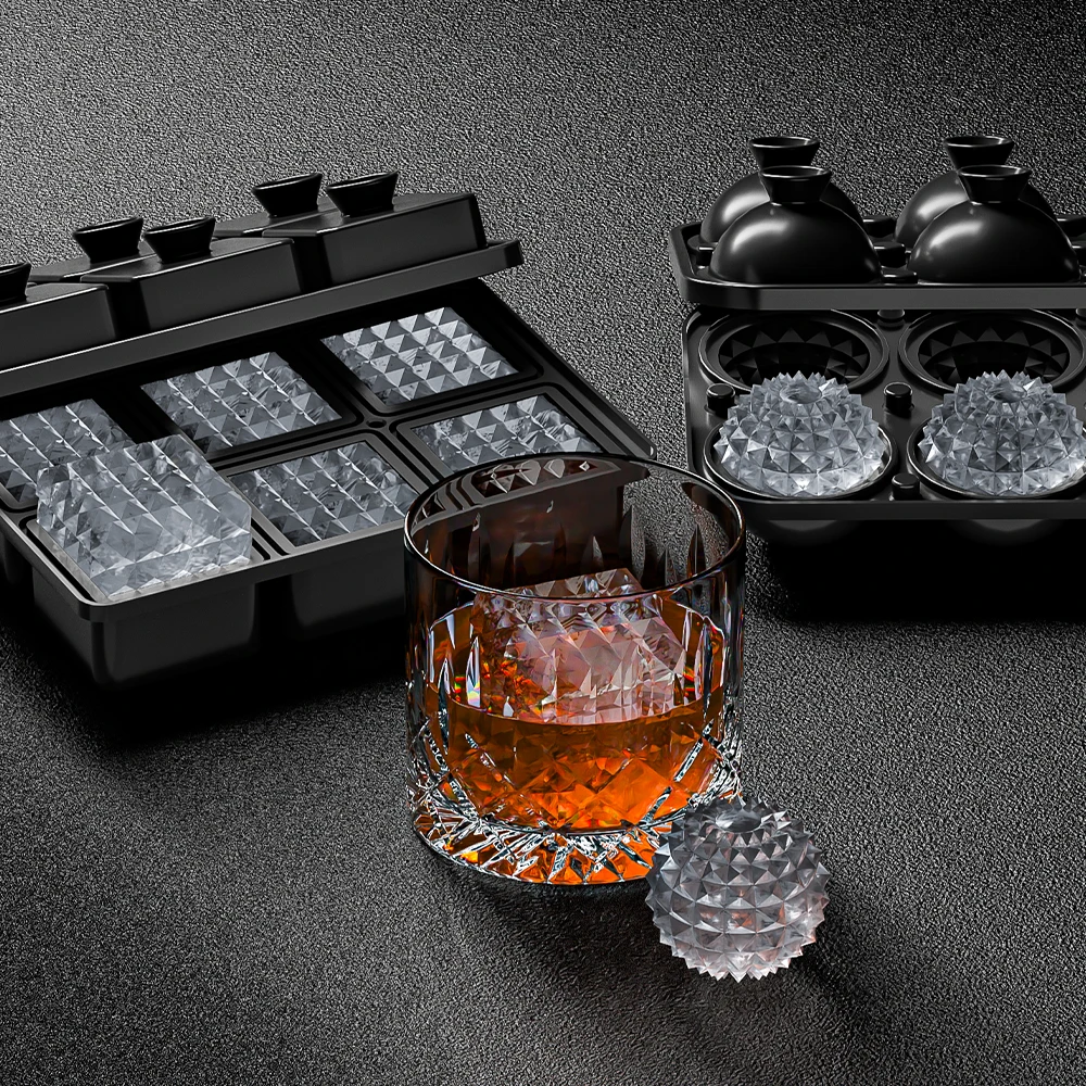 Slow Melting  6 Cavity Prism Ice Mold Set of 2 Square Whiskey Ice Cube Maker Crystal Sphere Ice Ball Mold With Funnel