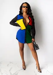 High Quality four-color  Print  Mini Dress Colour contrast skirt