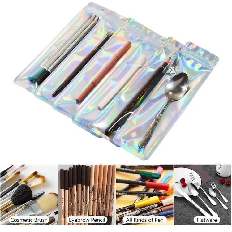 Hot sale Custom Resealable Cosmetic Clear Packaging Pouch Zipper Plastic Holographic Makeup Bag