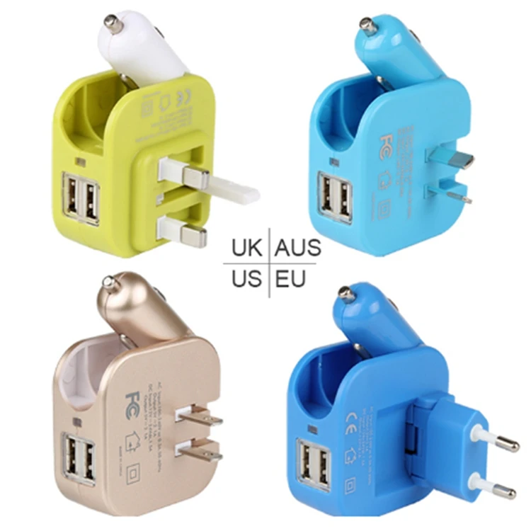 High Quality EU/UK/US Plug 2.1A 2-in-1 Dual Port USB Travel Charger Home Wall Car Charger Combo USB Port Wall Charge Car Charger