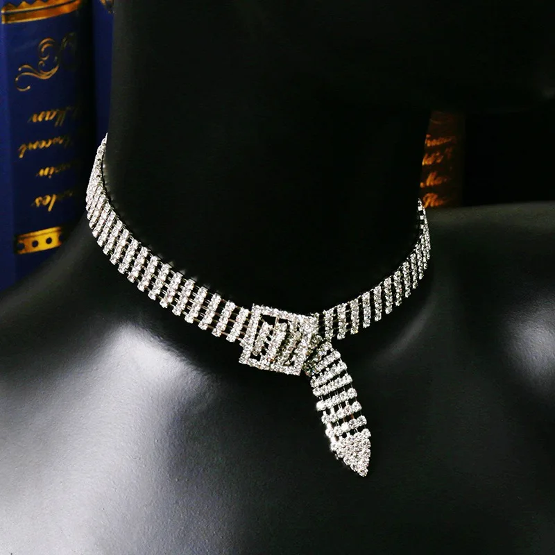 New Trendy Punk Hips Hops Diamond Belt Necklace Women Shining Choker Necklace