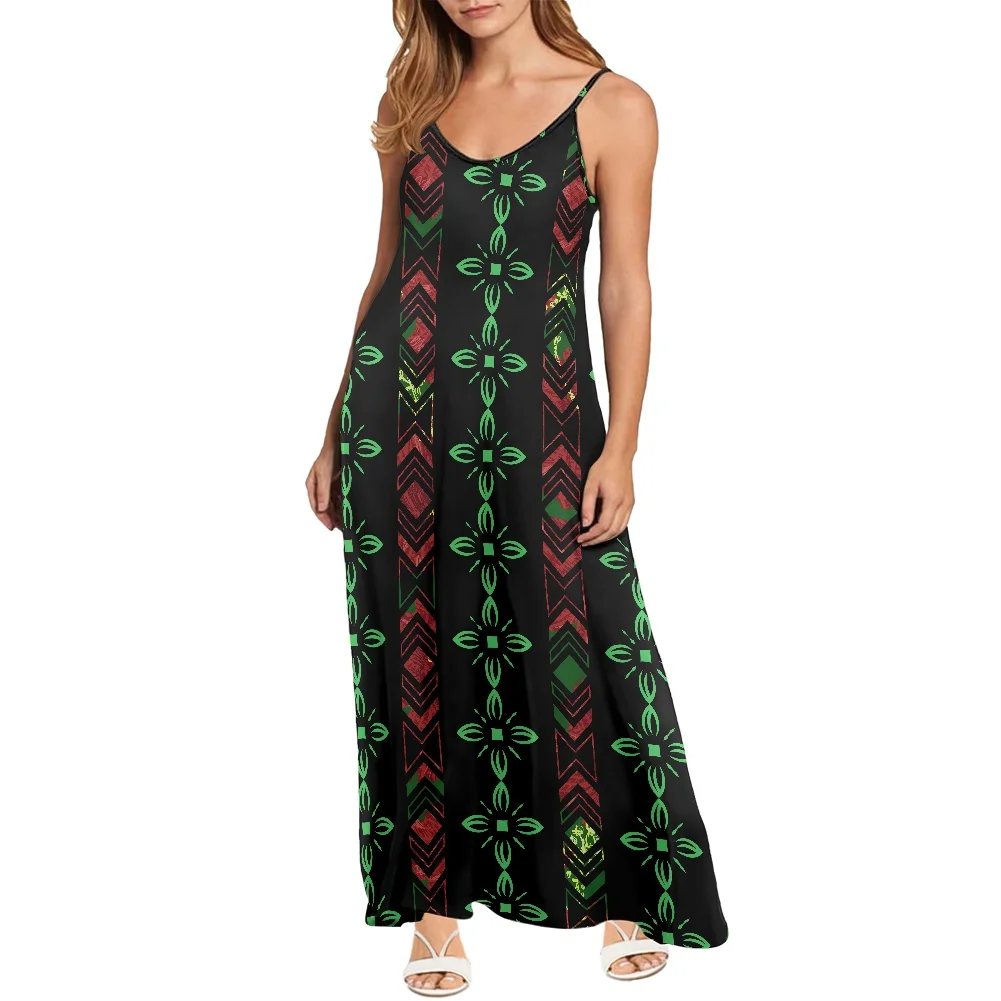 1MOQ Custom Logo Print Ladies Long Maxi Dresses Polynesian Tattoo Women Summer Casual Spaghetti Strap V Neck Sleeveless Dress