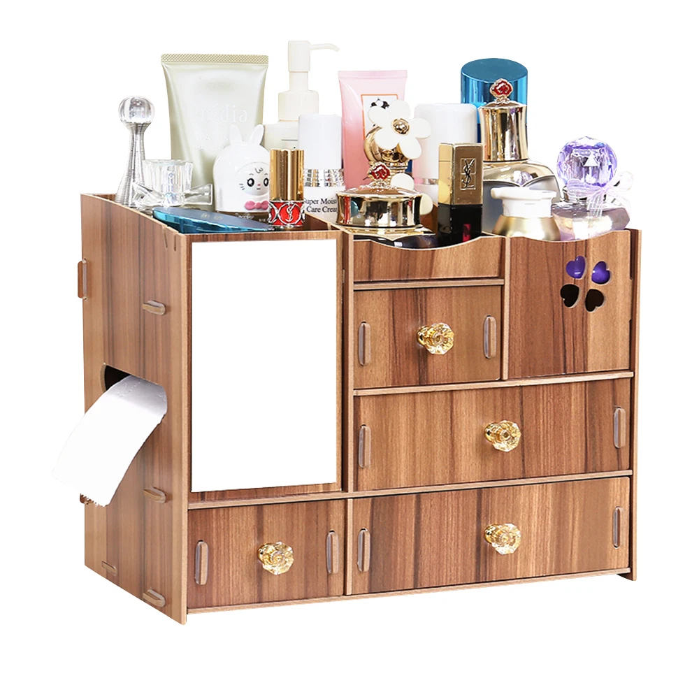 Wholesale DIY Wooden Cosmetics Box Big Makeup Container Storage Organizer Products W/ Adjustable Mirror, 4 Drawers, Tissue Box