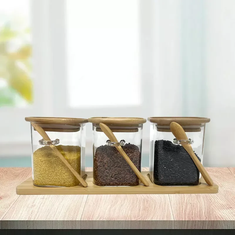 wholesale price 50ml 100ml 150ml 200ml  custom square airtight wooden bamboo glass spice jars with bamboo lids set and spoons