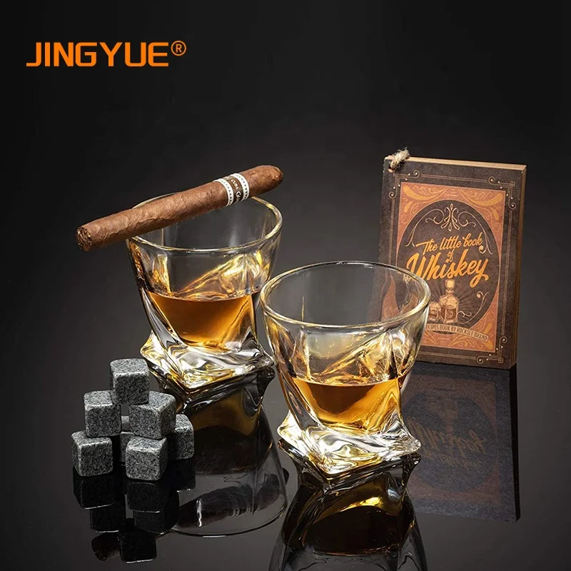 6 Quality Granite Whiskey Stones Gift Set Unique 2 Old Fashion Glasses Rock Whisky Barrel Box for Cocktail Bourbon