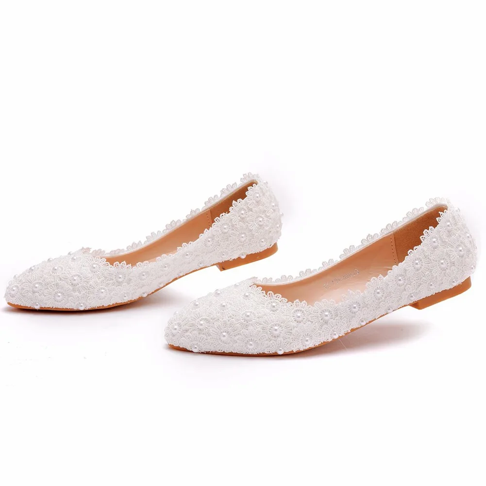 Comfortable Women Flats Handmade White Lace Bridal Ballet Flats Closed Toe Shoes Bride Wedding Shoes