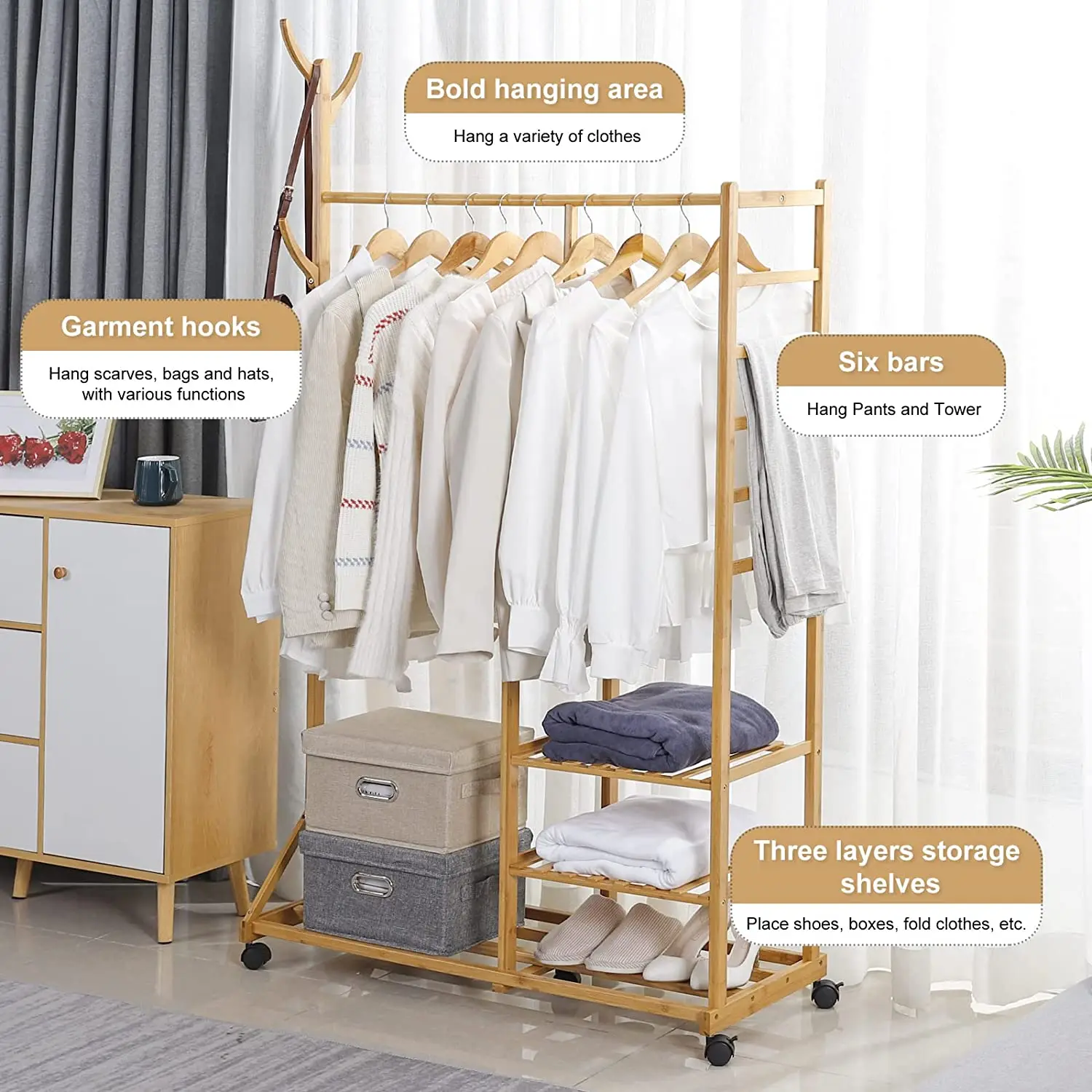 Bamboo Strong Load Up Hat Tree Hanger 3 Layers Wardrobe Storage Shelves with Wheels Movable Clothing Storage Shelves Organizer