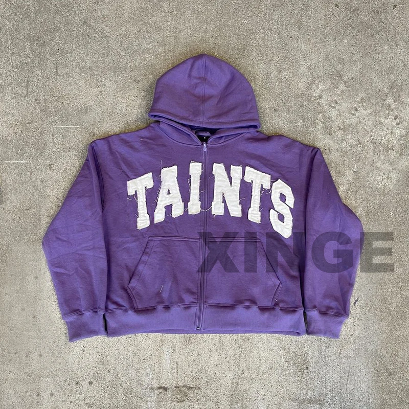 Custom Oversized Hoodies Unisex High Quality 400gsm Patchwork Embroidery Hoodie Custom Acid Wash Distressed Zip Up Hoodie