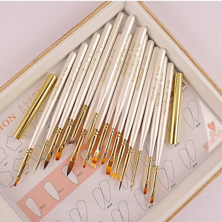 16pcs Nail Art Design Pen Painting Tools  White Wood Handle Brush Set for Nail Salon Customized  Nail Brush Tool