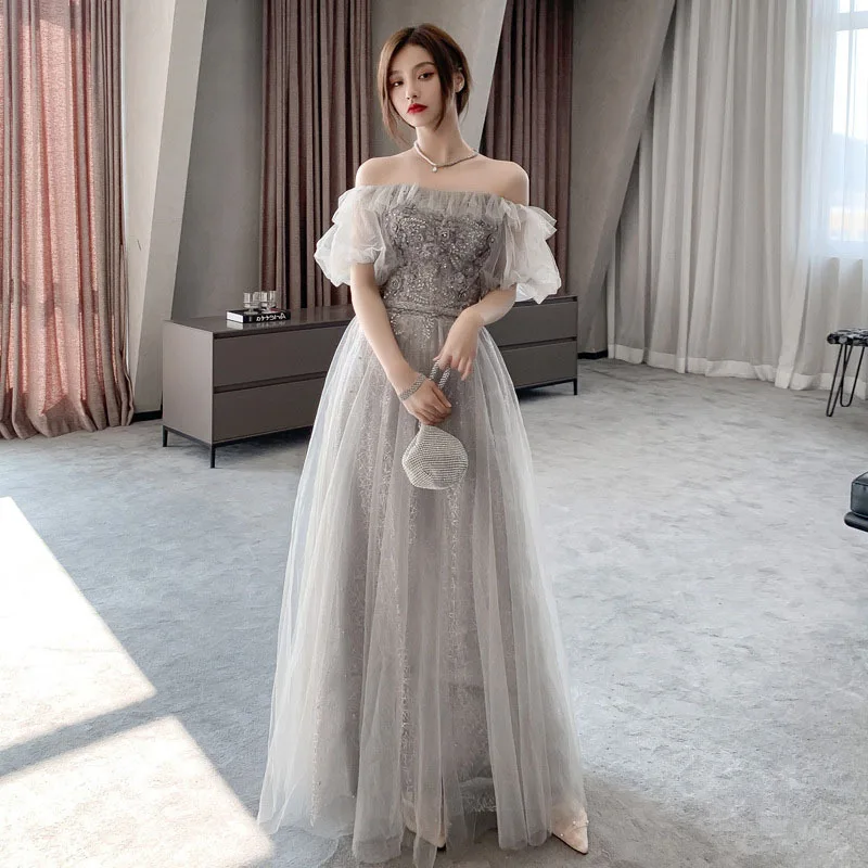 Grey Glittering  Bridesmaid Wedding Dress Women Fairy 2021 Sisters Long Flare Satin Tulle Evening Dress