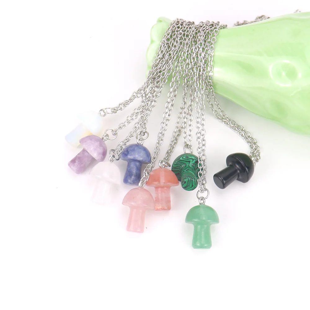 Hot Selling Personalized Natural 2cm Amethyst Agate Pendant Silver Chain Crystal Mini Mushroom Necklace