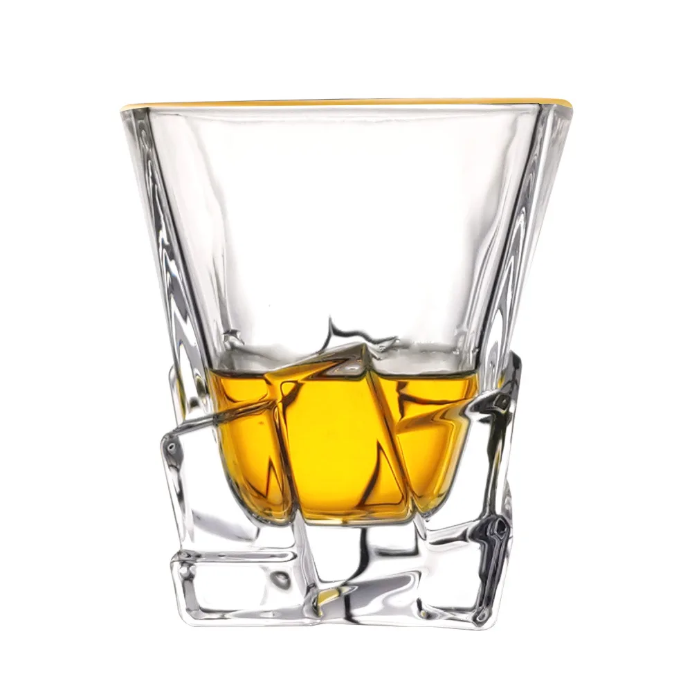 Elegant 300ml Golden Banded Rim Modern cut Crystal Clear Diamond heavy gold rimmed whiskey glass with bullet