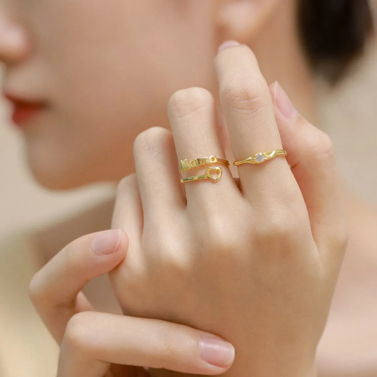 Dylam Customized Stoned 18K Gold Plated Adjustable Ring S925 Sterling Silver Figt For MAMA Rings Jewelry Women Hollow Heart Sets