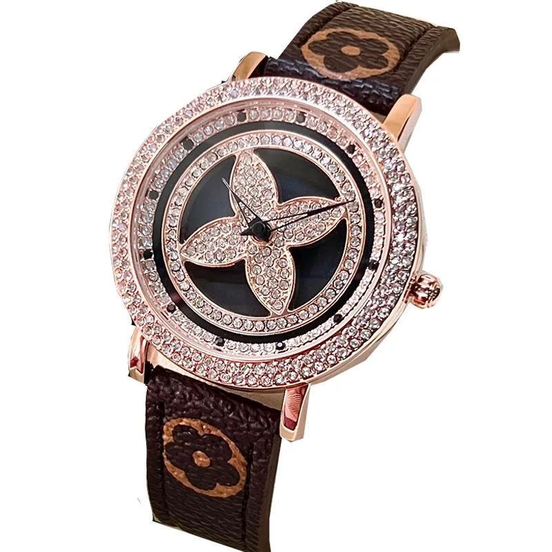 6616-2 D Luxury clover design lady watch shining diamond spinning rotating dial quartz watch for women waterproof reloj de mujer