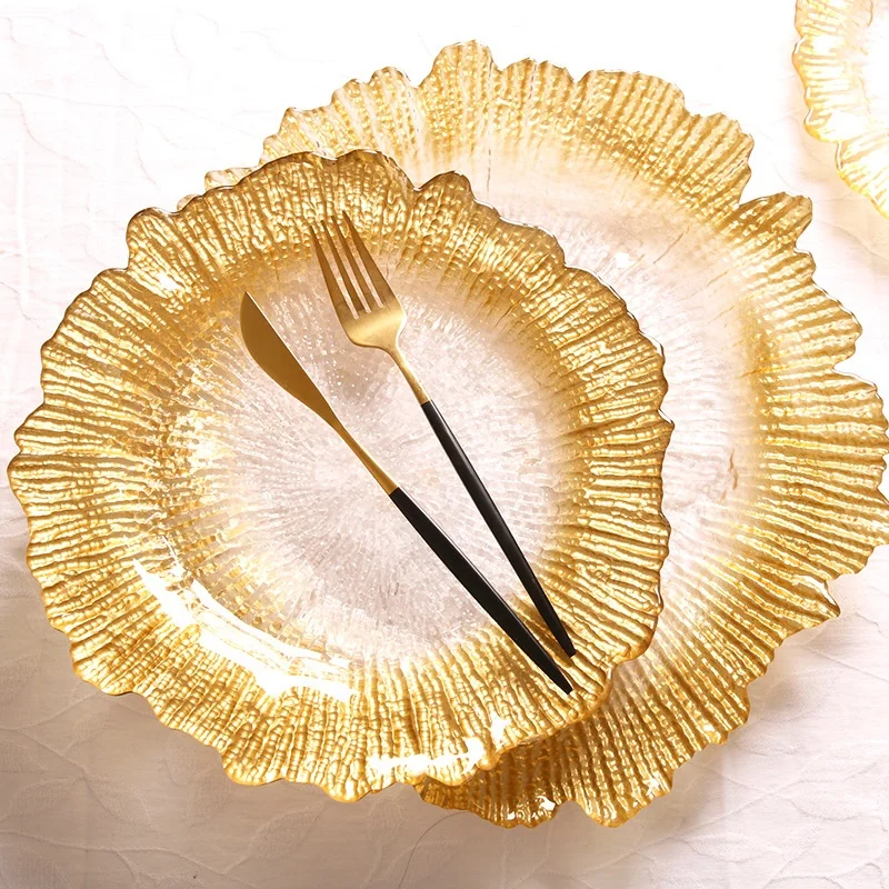 Manufacturer wholesale reef glam light golden glass charger plate for wedding