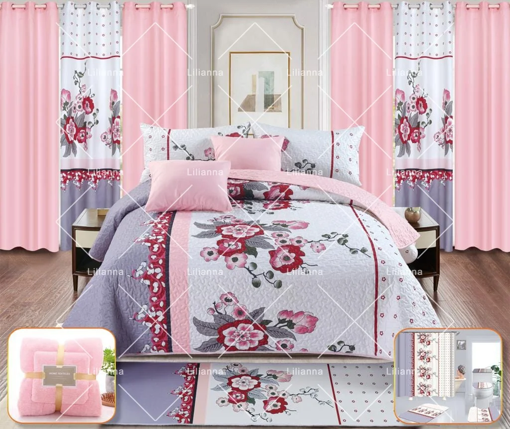 24pieces bedspread set in stock customized kids draps de lit en quilted set with curtains and bathroom set king size
