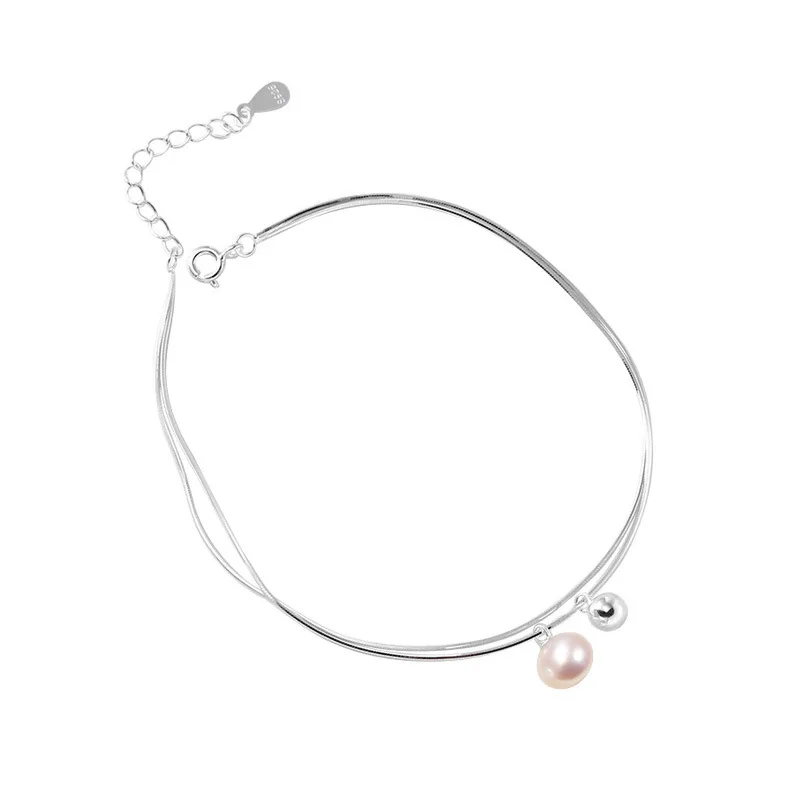 S925 pure silver natural freshwater pearl round ball double-layer bracelet and versatile niche design snake bone chain