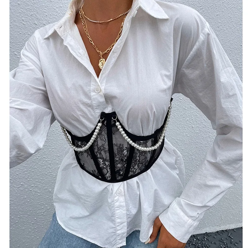 INS Tiktok HOT Lace Support Bust And Waistband Women Commuter Slimming Strappy Girdle with Pearl Chain