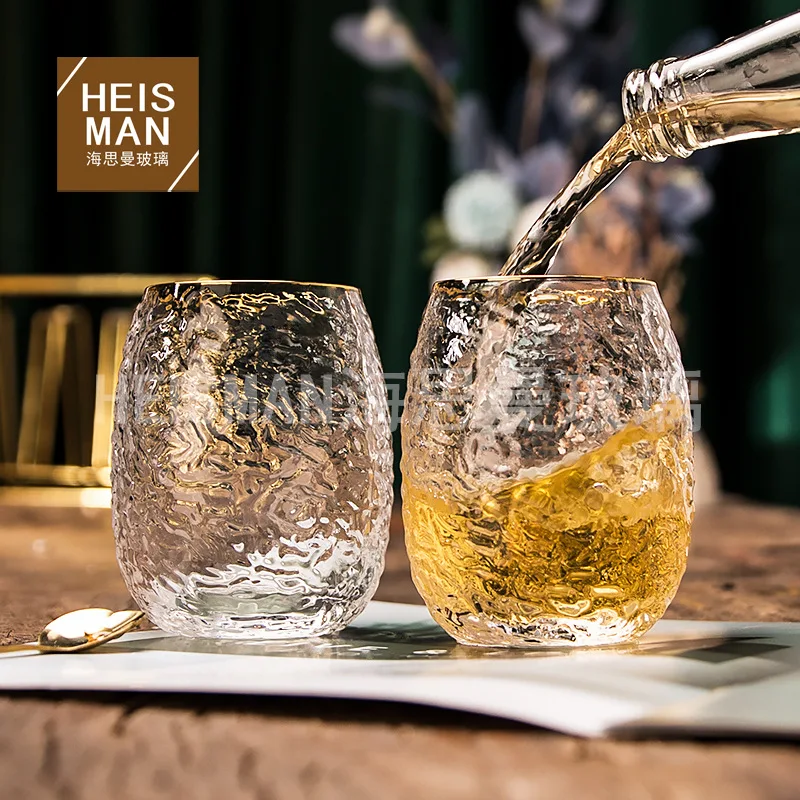 Transparent Hammer Pattern Creative color electroplated glass egg shaped cup Ins Rainbow Crystal Cup Whiskey cocktail glass