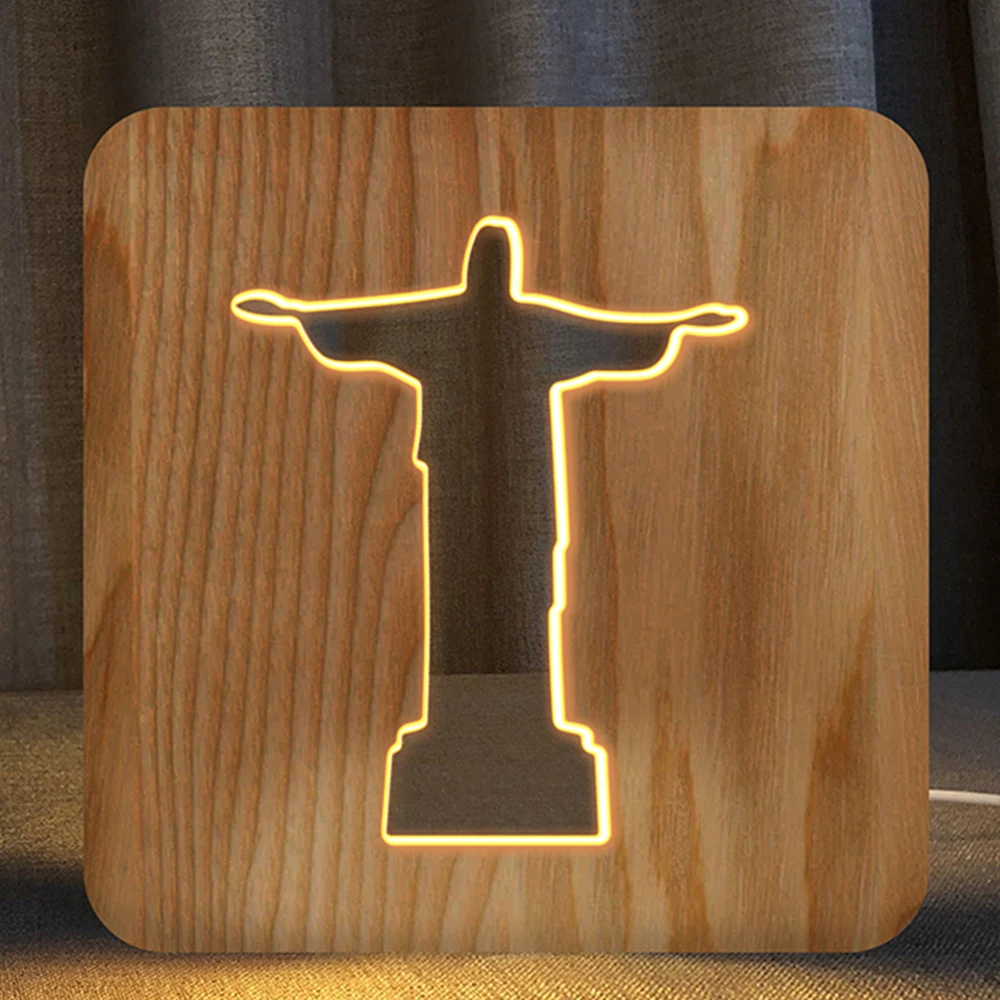 FS-T1971W wooden night light popular 3d night light jesus cross
