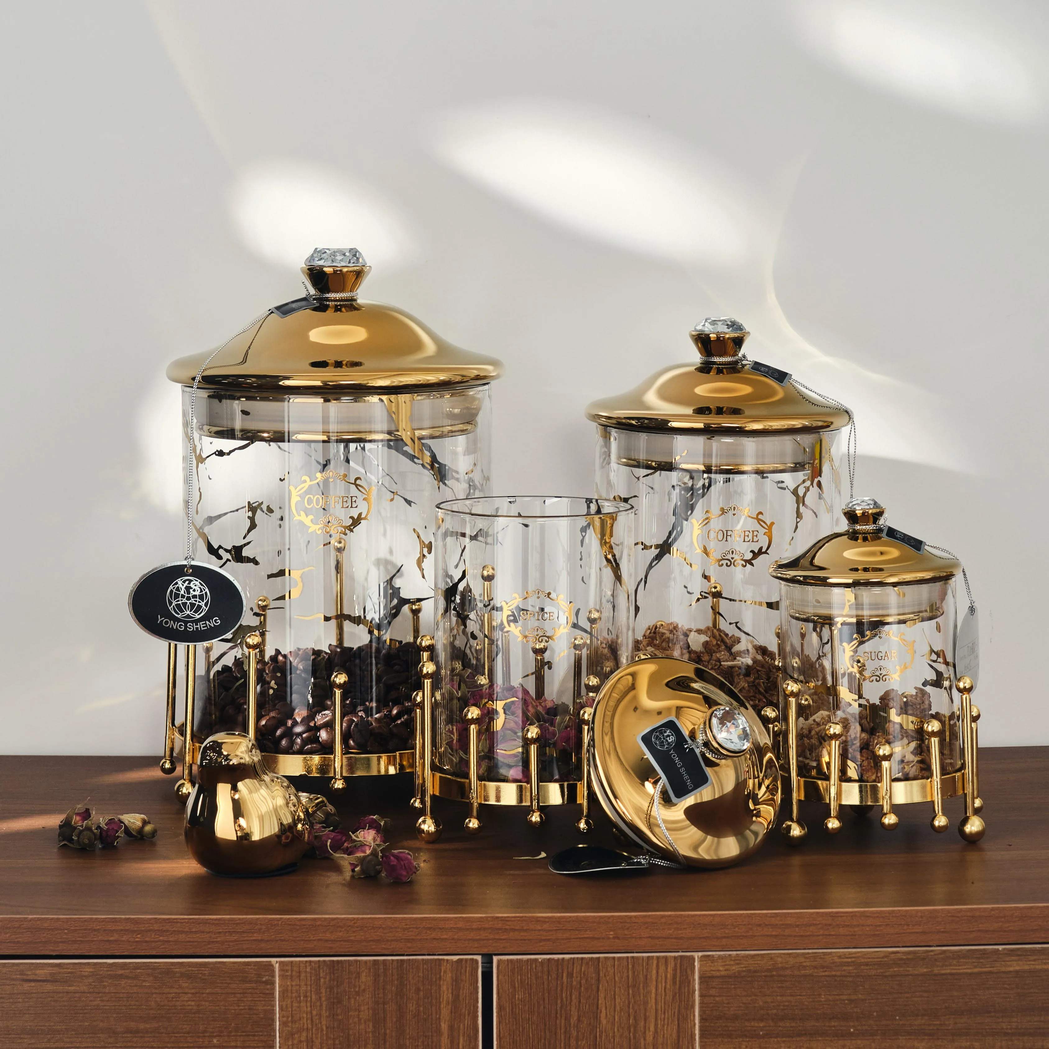 Food Sealed Canister Glass Kitchen Marble Design Luxury Gold Sliver Storage Canisters Glass Jar