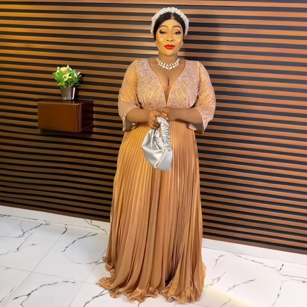 New Design Woman Dresses New Arrivals 2023 pleat gold dust Women Plus Size Dresses rhinestone Women Long Dresses