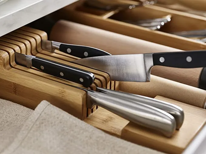 Custom bamboo universal knife block storage organizer kitchen utensils wooden knife holder for drawer