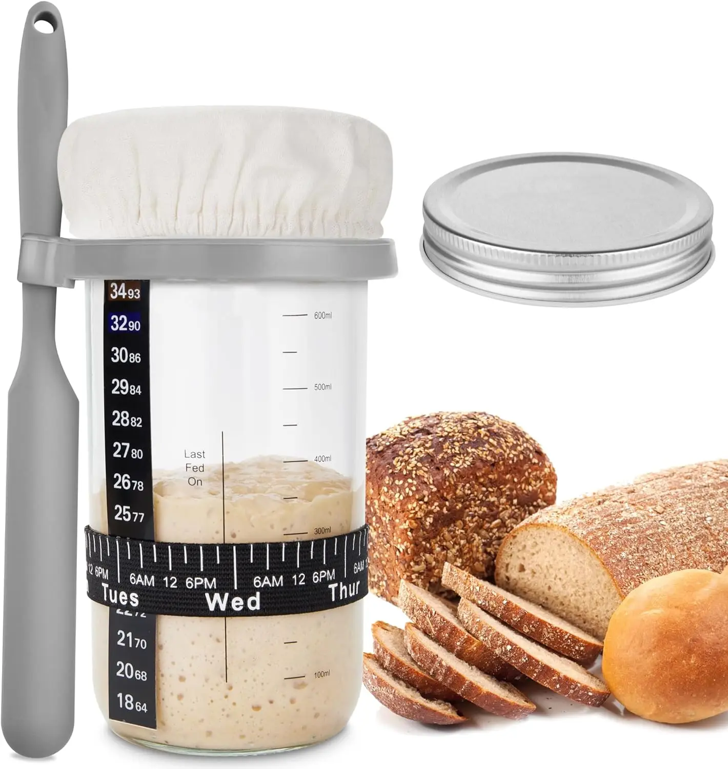 24Oz Sourdough Starter Container Set Sourdough Starter Kit with Date Marked Feeding Band Thermometer,Cloth Cover & Lid Supplies