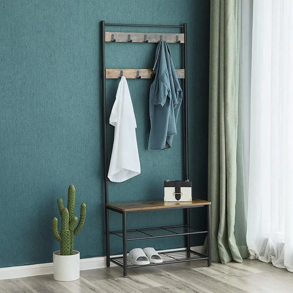 VASAGLE Wholesale Industrial entryway free standing  rustic vintage wood metal  easy assemble shoe coat rack