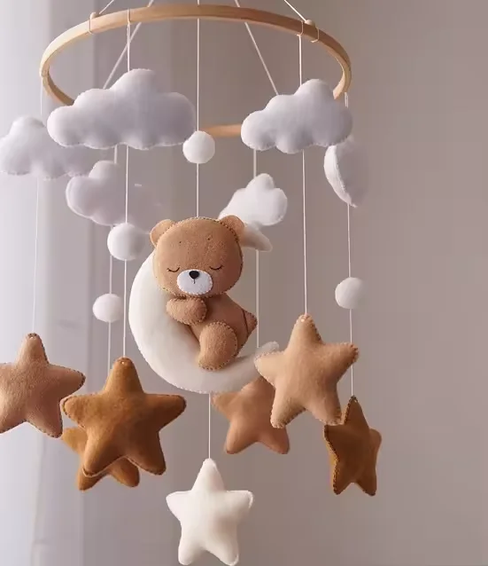Sleepy Bear Felt Baby Mobile Moon Stars Nursery Boucle Baby Crib Mobile Unisex Teddy Bear Baby Mobile