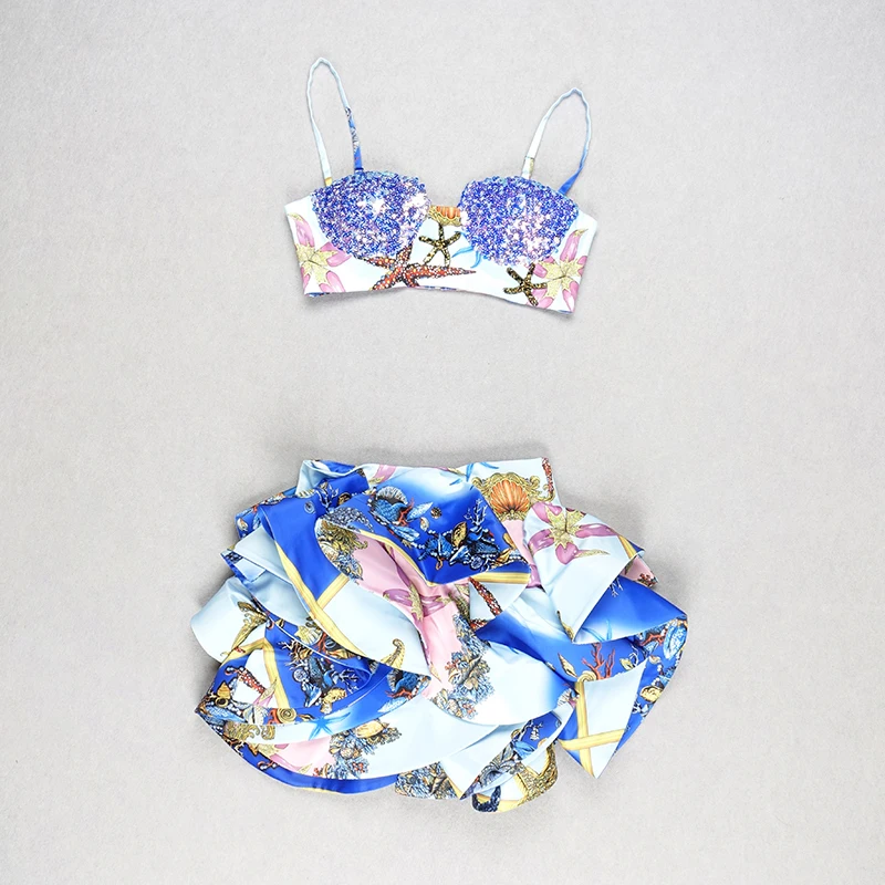 A6145  Fashion Design Printed Beaded Bra Tops And Ruffles Mini Skirt Ladies Two Pieces Party Suit