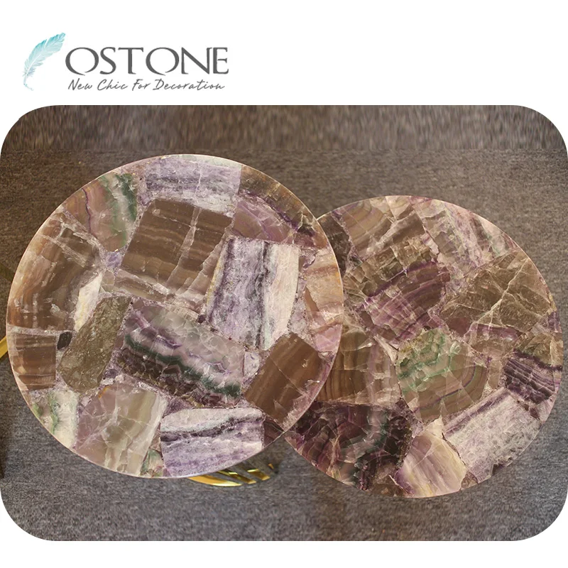 Delicate Living Room Furniture Round Green Pink Semiprecious Stone Nesting Coffee Table