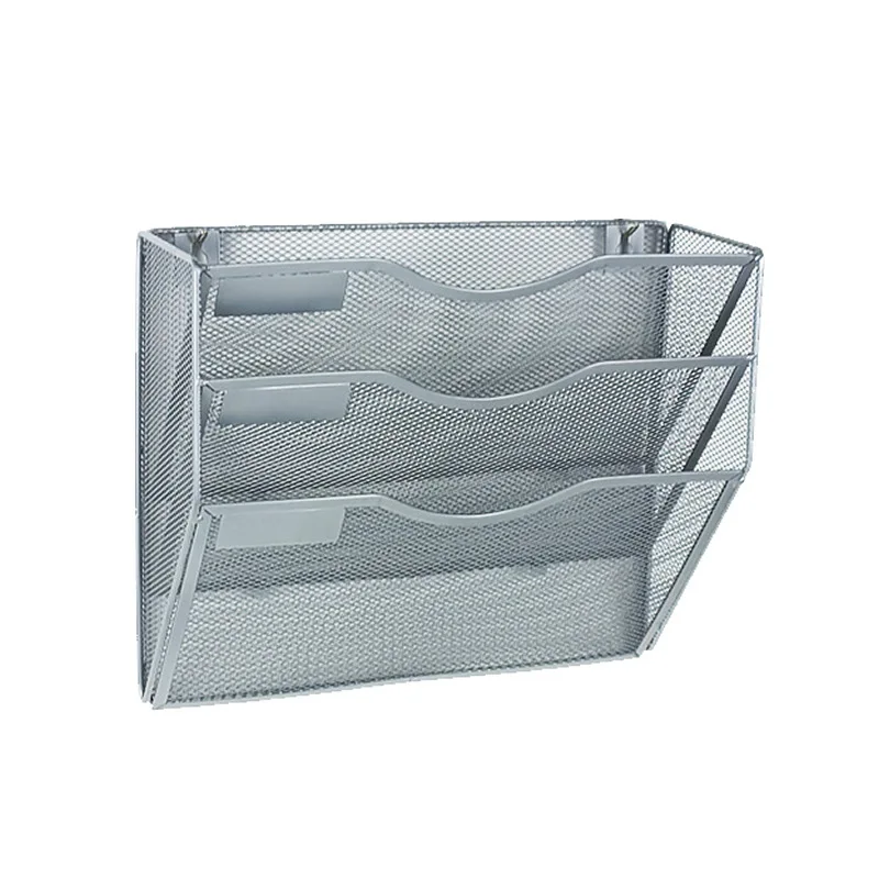 Office wall-mounted metal three-layer sharp-bottomed document and magazine sorting storage device