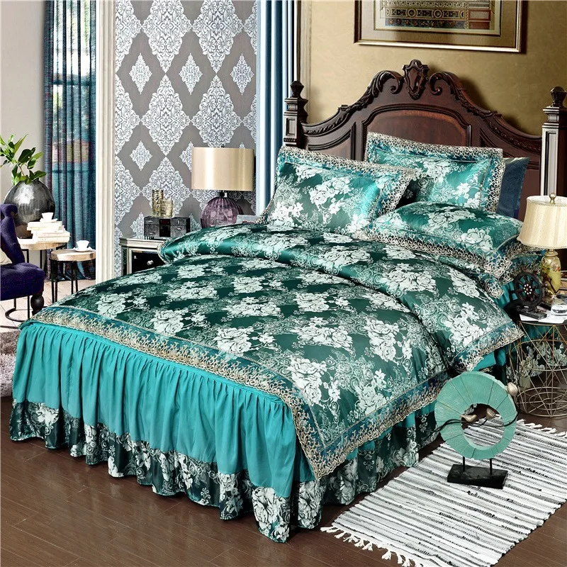 Floral Jacquard Faux Silk Bedding Sets Bedspread Customize Duvet Cover Bed Skirt Sheet European