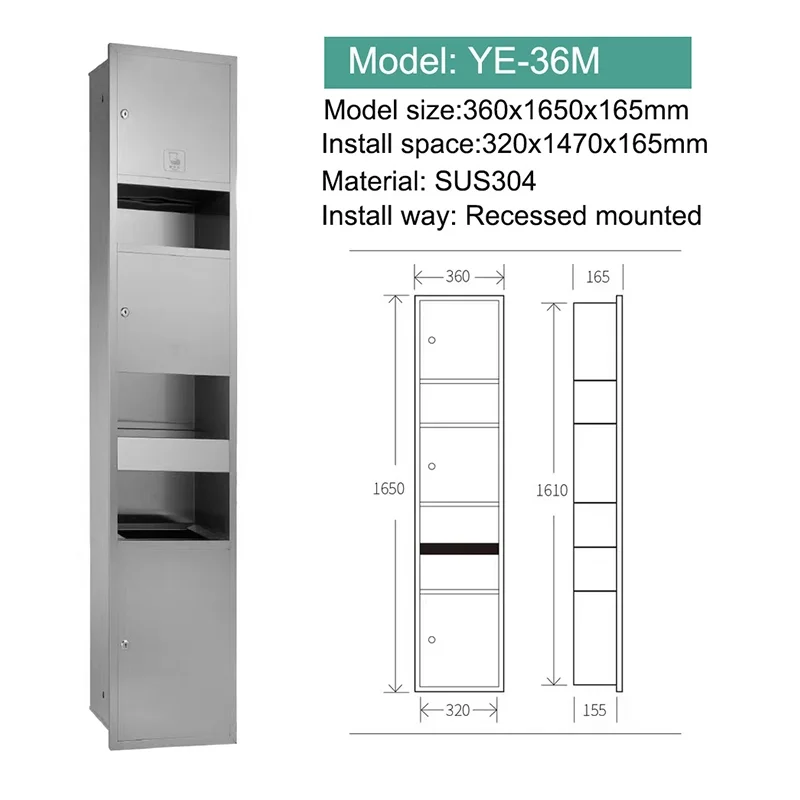 Recessed Combination 3 in 1 Paper Towel Dispenser Waste Receptacle and Hand Dryer for Public Toilets